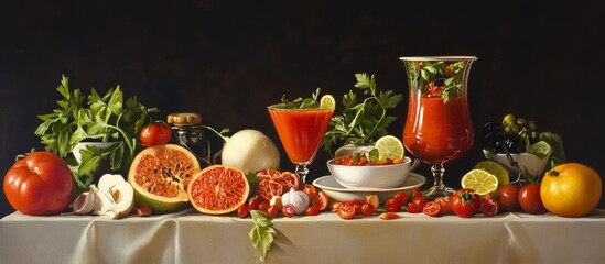 Painting featuring a vibrant display of tomatoes, grapefruit, and refreshing tomato-based beverages, artfully arranged on a table, banner