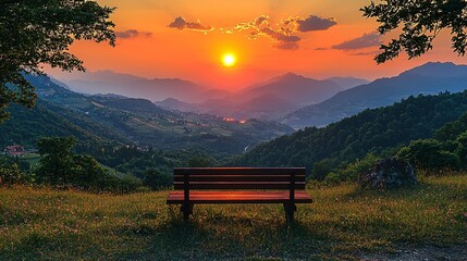 Serene Sunset View from a Mountain Bench