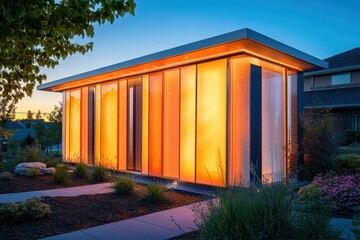 Obraz premium Futuristic home facade featuring dynamic, moving panels and ambient outdoor lighting in a suburban setting.