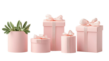 Elegant pink gift boxes with bows and succulent plant