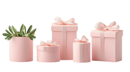 Elegant pink gift boxes with bows and succulent plant