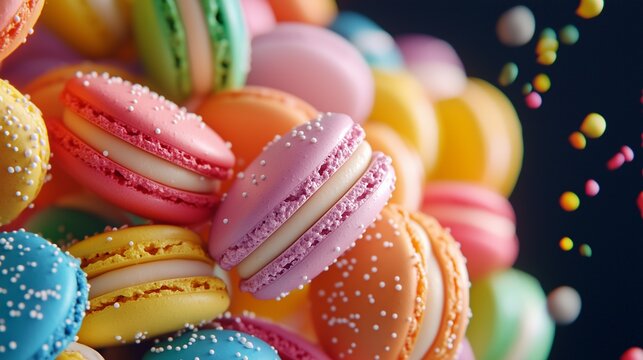 Colorful macarons stacked together, showcasing a variety of pastel hues and decorative sprinkles, creating a vibrant and inviting dessert display.