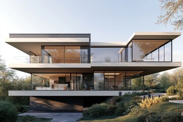 Fototapeta premium Innovative modern home front with a cantilevered upper floor over a glass-walled lower floor, set in a suburban landscape.