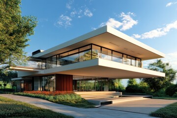 Innovative modern home front with a cantilevered upper floor over a glass-walled lower floor, set in a suburban landscape.