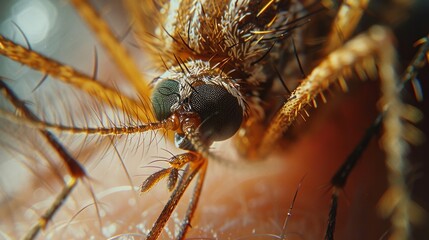 Fototapeta premium A close-up of a mosquito with its hairy body and large green eye. AI generative. .