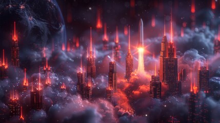 Fototapeta premium A glowing futuristic city with a rocket launching from the clouds. AI generative. .