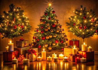 Captivating Christmas tree long exposure: candlelight, gifts, festive lights illuminate the holiday season.