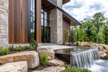 Luxurious front elevation featuring a blend of natural stone and vertical wood panels, with a...