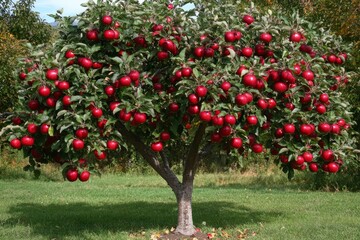 Harvest of ripe juicy red apples on tree in orchard, agribusiness concept, organic healthy food and non-gmo fruits with copy space