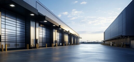 Obraz premium Industrial warehouse with loading docks and clear sky at dawn.