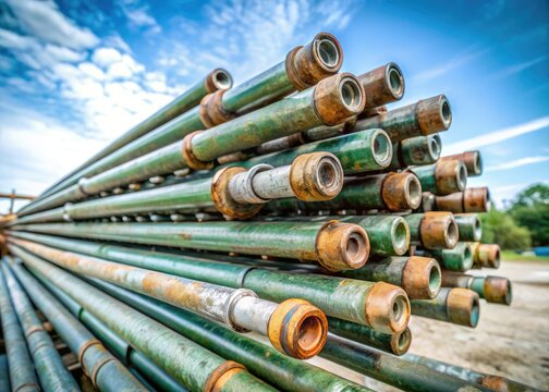 Close-up of rusty sucker rods, vital oilfield beam pumping equipment, showcasing crucial downhole tools.