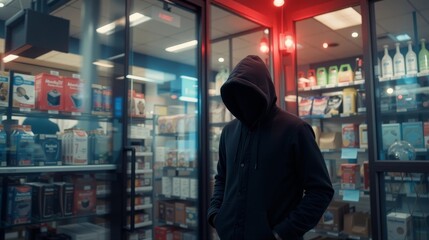 Hooded Figure Exiting Convenience Store at Night Under Red Lights Depicting Robbery