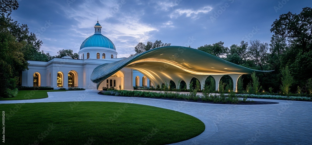 Poster modern architectural structure with a unique roof design set in a landscaped area.