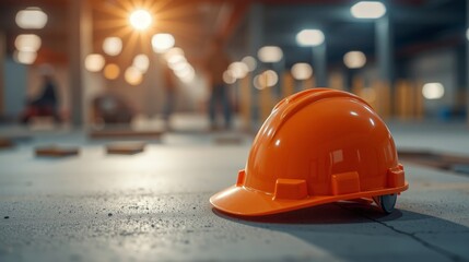 Close-Up of an Orange Hard Hat on a Construction Site with Bright Background Lights