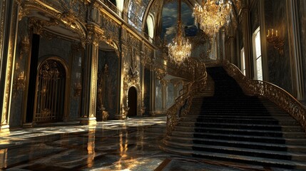 Fototapeta premium Grand Palace Staircase: Opulent Gold and Dark Elegance