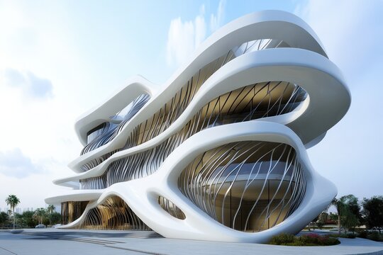 Modern architectural marvel with a twisted facade featuring non-parallel lines and abstract forms.