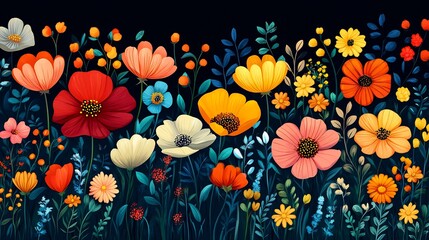 Vibrant vector illustration of a colorful garden with flowers in bloom ideal for spring and nature designs