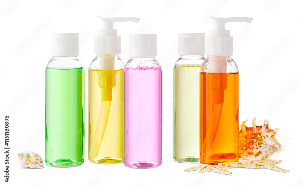 Poster assorted skincare products displayed on a white surface with a seashell
