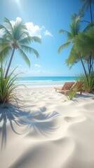 Fototapeta premium Sunny Beachfront Paradise with White Sand, Palm Trees, and Tranquil Ocean Views