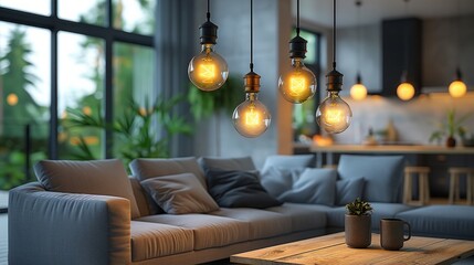 Four glowing vintage lightbulbs hang over a couch and coffee table with a plant and mug. AI generative. .