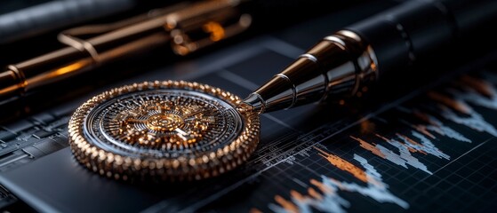 Fototapeta premium Success Research Financial Charts Graphs Golden Compass Luxury Pen Achievement