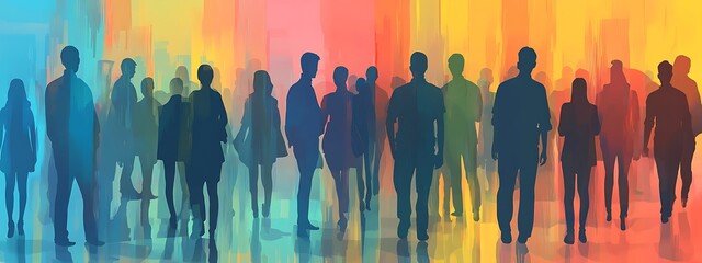 Crowd silhouettes on colorful background.