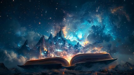 Obraz premium Open book reveals glowing blue mountains and starry sky. AI generative. .