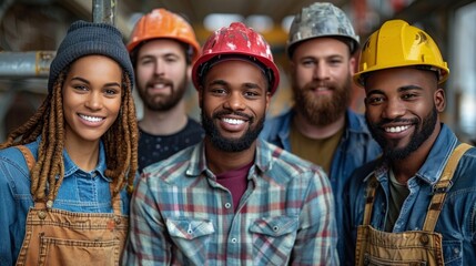 Smiling construction workers wearing hardhats and work clothes. AI generative. .
