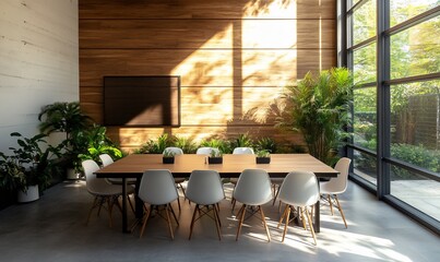 Obraz premium Modern conference room with a large table and plants, designed for meetings.