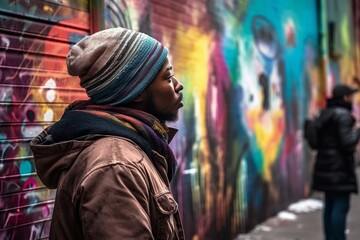 Fototapeta premium Man in a colorful hat and brown jacket stands against a colorful graffiti wall. AI generative. .