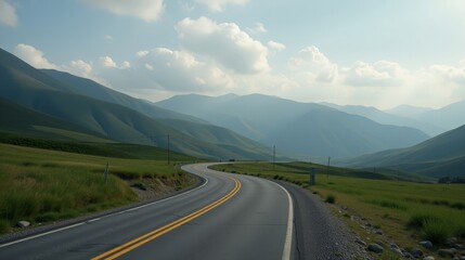 Naklejka premium Winding Road Through Lush Green Mountains and Grassy Fields Undersoft Clouds