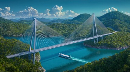 Obraz premium Majestic Cable Stayed Bridge Spanning Tranquil River Valley