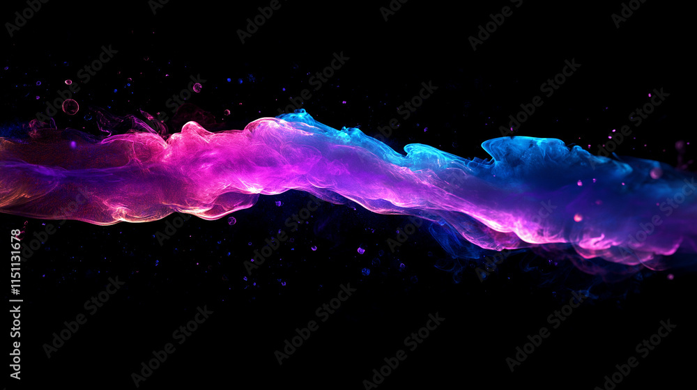 Poster colorful neon smoke and ink particles in dark space – high-contrast gradient and dynamic splashing e