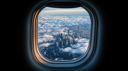Bird's-eye view of a city skyline surrounded by clouds, seen from an airplane window
