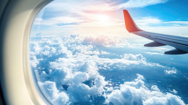 Fototapeta Bird's-eye view of a city skyline surrounded by clouds, seen from an airplane window