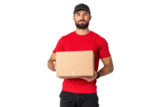 Delivery man in a red shirt holding a package isolated on a transparent background
