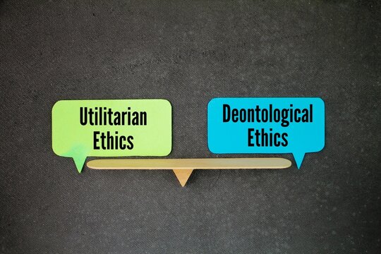 balance between the words Utilitarian Ethics and Deontological Ethics. ethical concept