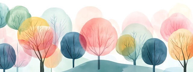 Colorful watercolor trees on a hill.