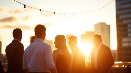 A rooftop party at sunset with silhouettes of people socializing, string lights, and a vibrant city skyline in the background.