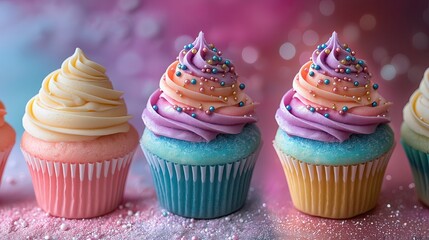 Colorful cupcakes with whimsical swirled frosting and sprinkles for birthday parties and festive occasions, print for National Cupcake Day