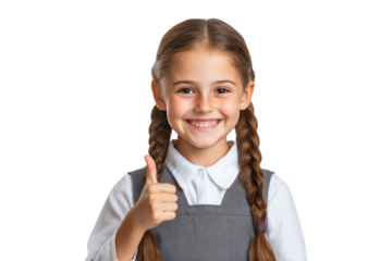 Smiling schoolgirl in a gray uniform giving a thumbs up isolated on a transparent background