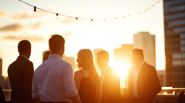 A rooftop party at sunset with silhouettes of people socializing, string lights, and a vibrant city skyline in the background.