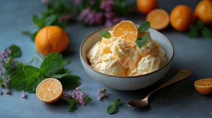 Bowl of creamy orange ice cream garnished with mint leaves, citrus-flavored ice cream with mandarin oranges for dessert lovers, print for National Ice Cream Day