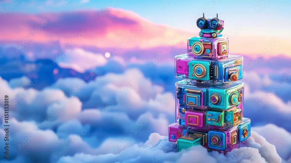 Poster futuristic robot in clouds abstract 3d render colorful design