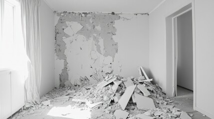 Demolition phase of an apartment restoration, with broken walls and rubble on the floor