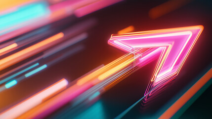 A bright neon pink arrow pointing upward, glowing against a reflective surface and gradient background.