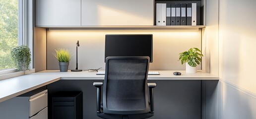 Modern office workspace with a chair, desk, and plants for productivity.