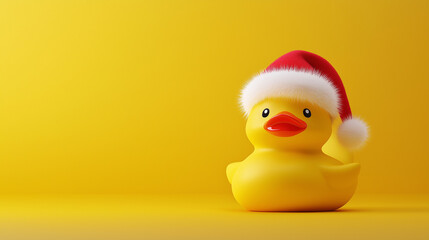 A cheerful yellow rubber duck wearing a Santa hat, set against a bright yellow background.