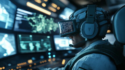 A soldier wearing VR goggles and headphones in a high-tech control room with multiple data-filled screens.