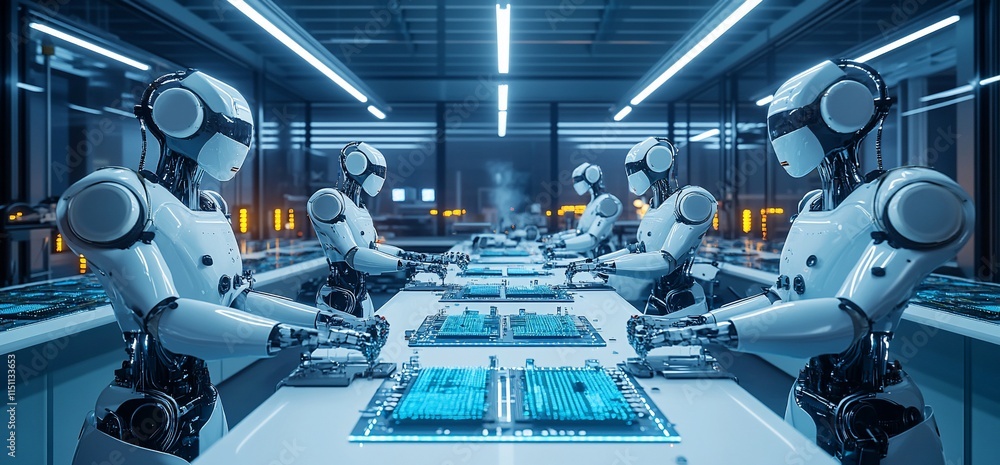 Poster robots working in a futuristic laboratory on circuit boards.